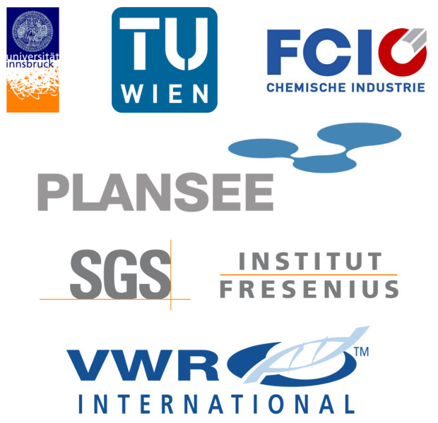 Sponsorenlogos: Universität Innsbruck, Plansee Gruppe, TU Wien, SGS Fresenius, VWR International und FCIÖ